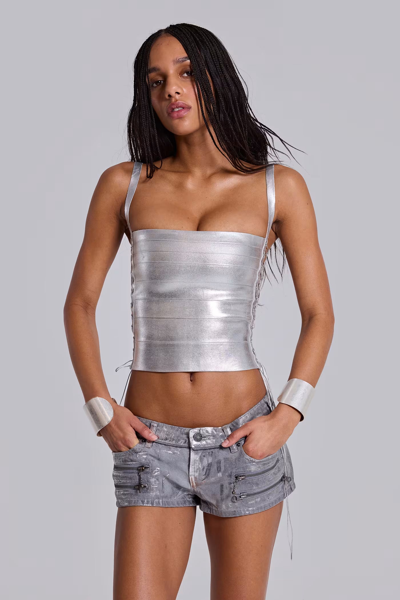 Jaded London Ardor Coated Mini Denim Shorts in Silver