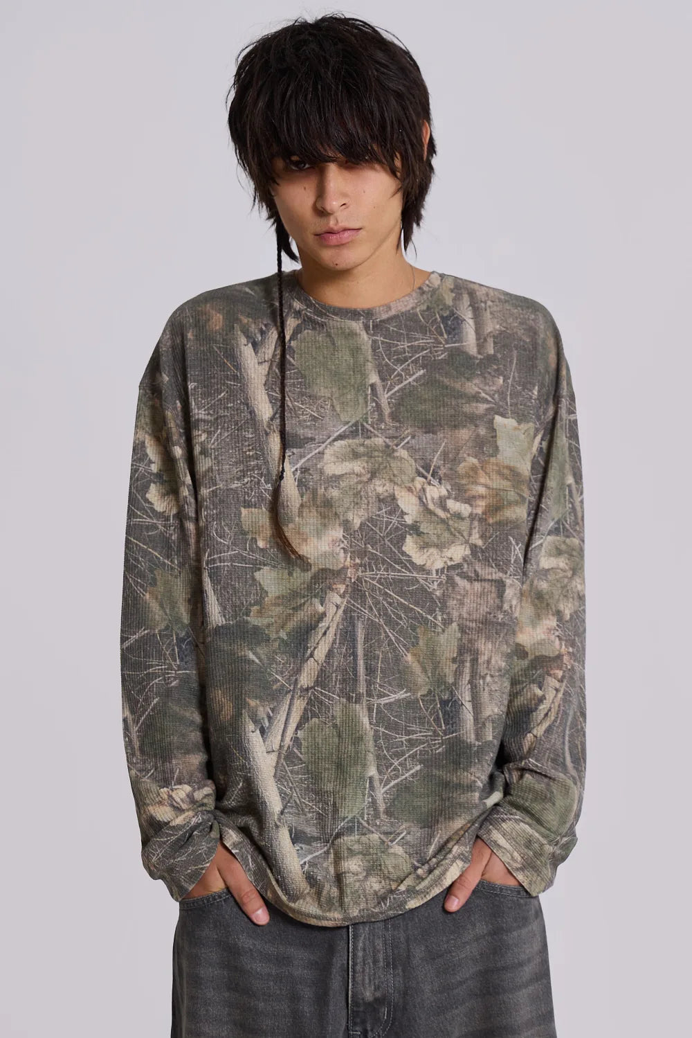 Jaded London Woodland Camo Waffle Long Sleeve Top