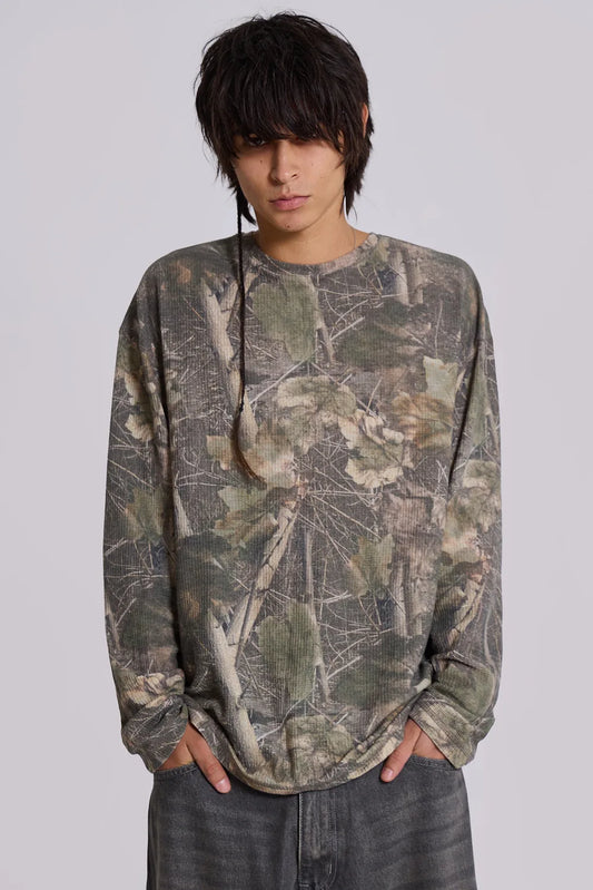 Jaded London Woodland Camo Waffle Long Sleeve Top