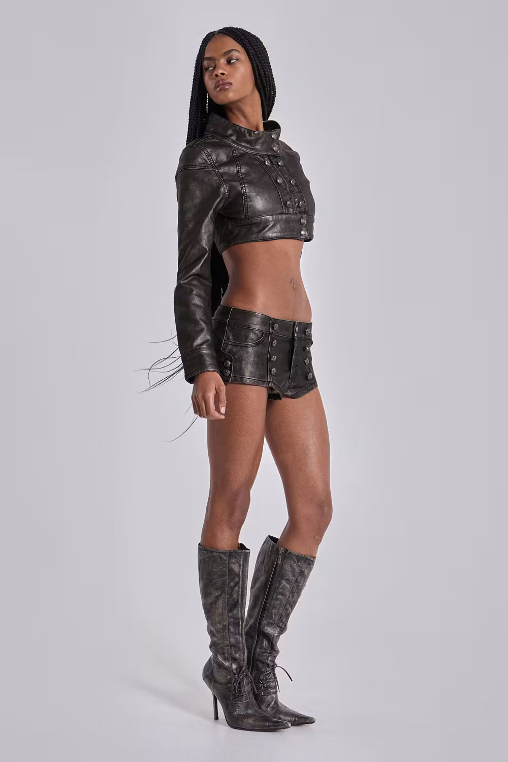 Jaded London Alektra Military PU Leather Mini Shorts