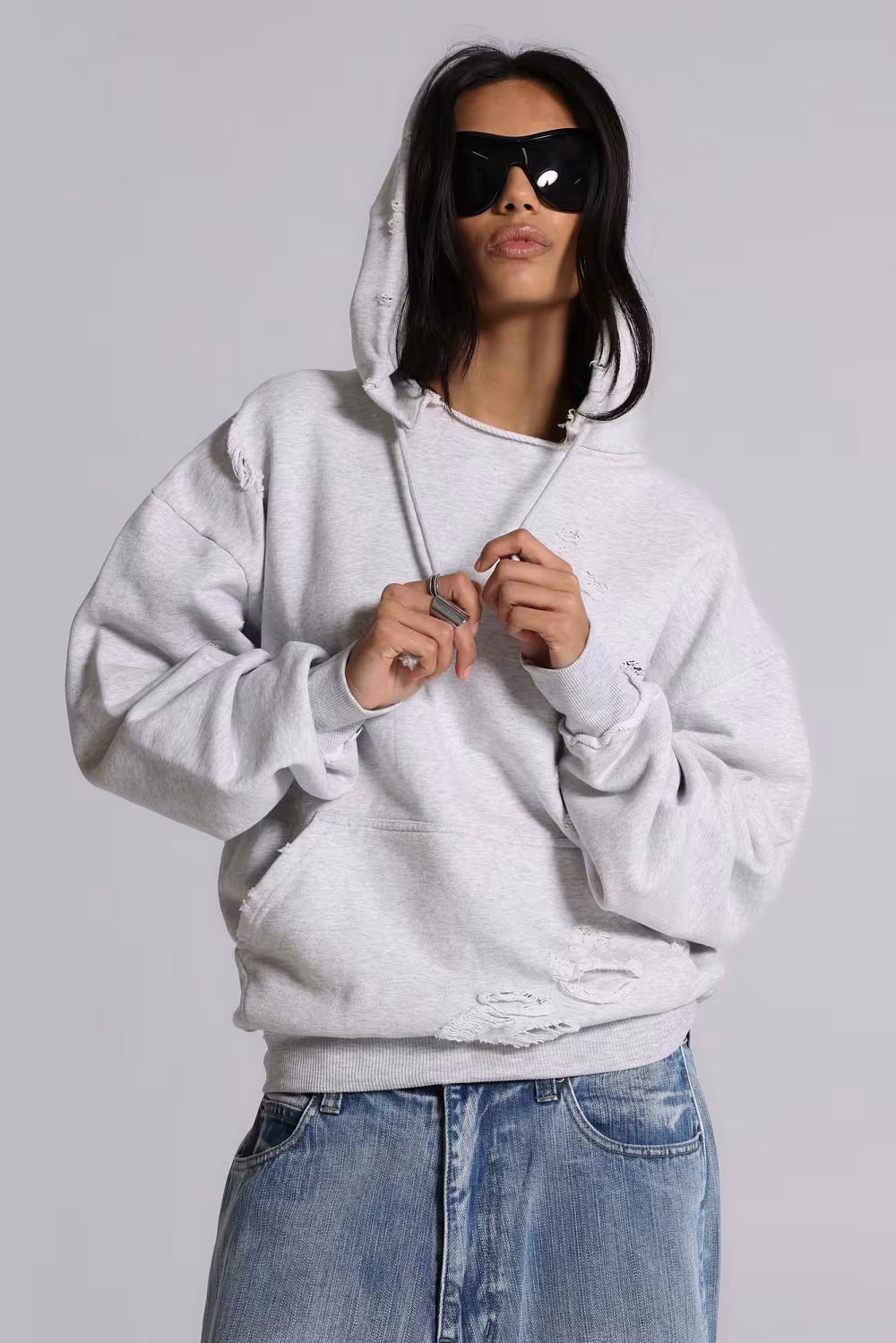 Jaded London Pullover Bitten Hoodie in Grey Marl