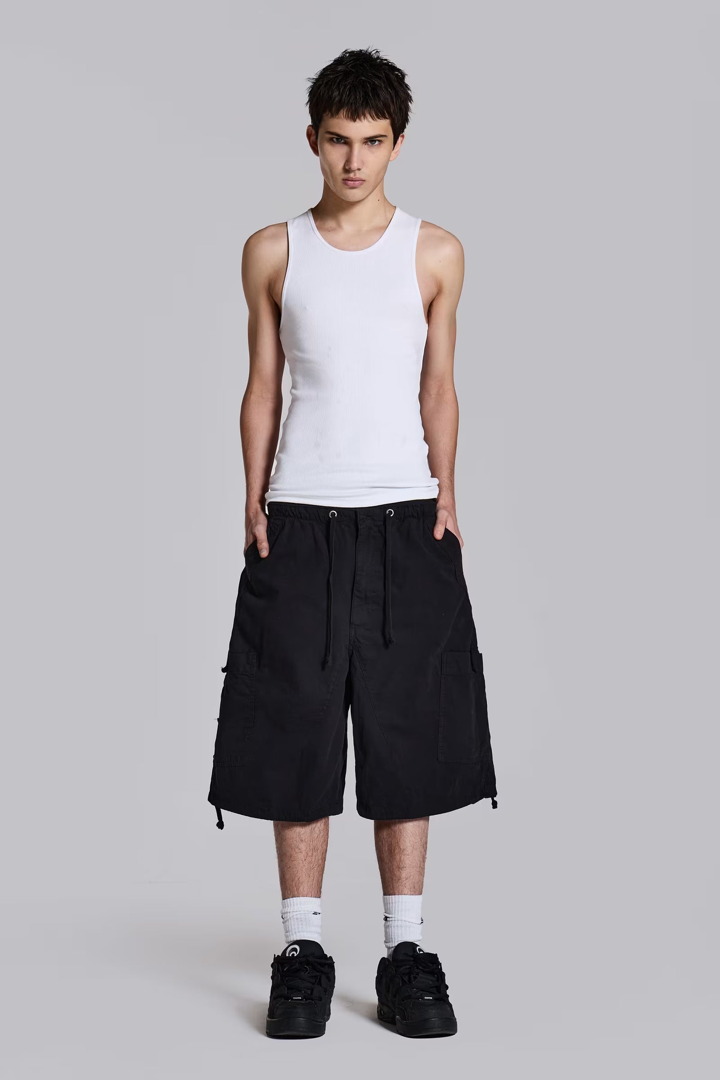 Jaded London Black Parachute Cargo Baggy Shorts
