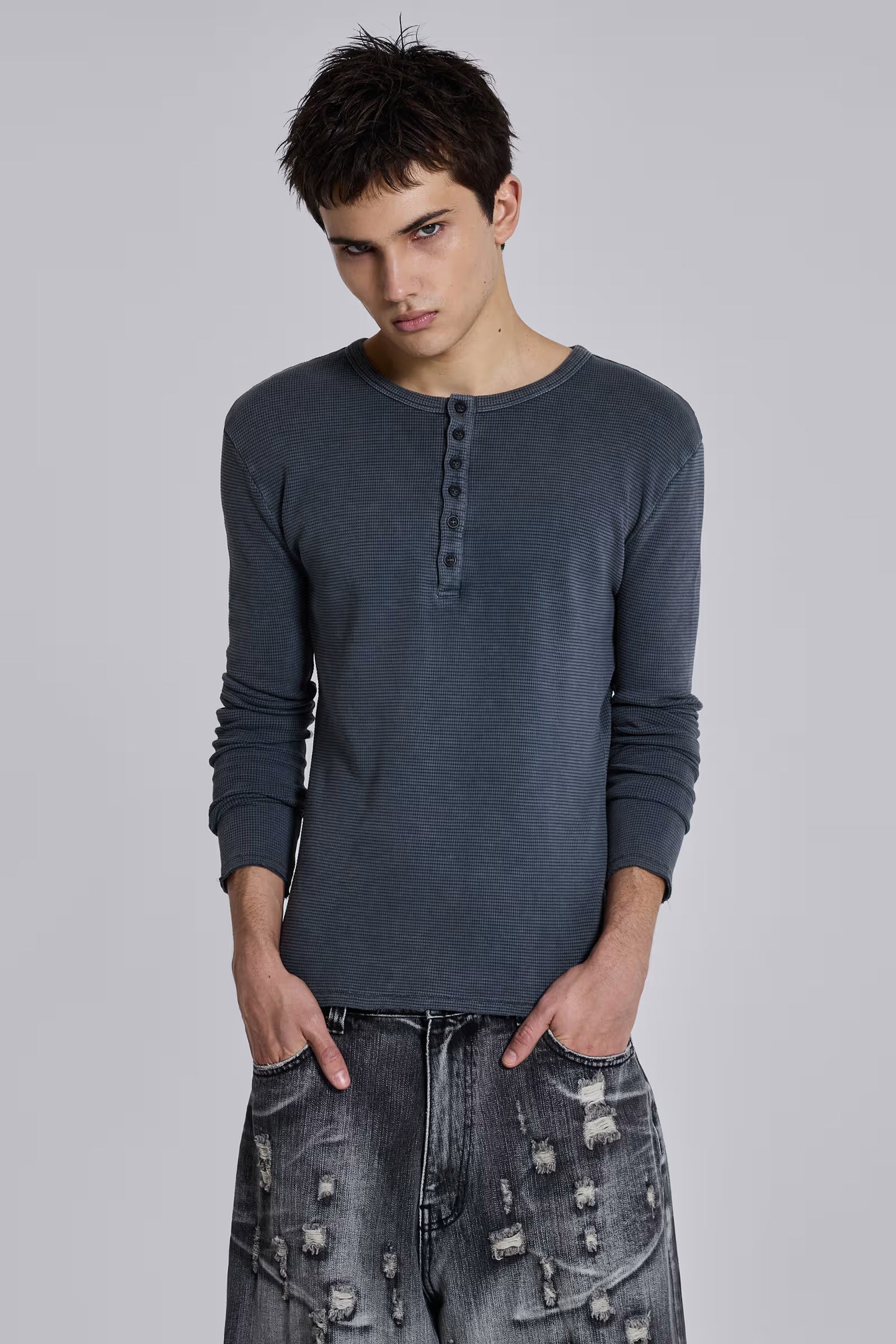Jaded London Charcoal Waffle Henley Top